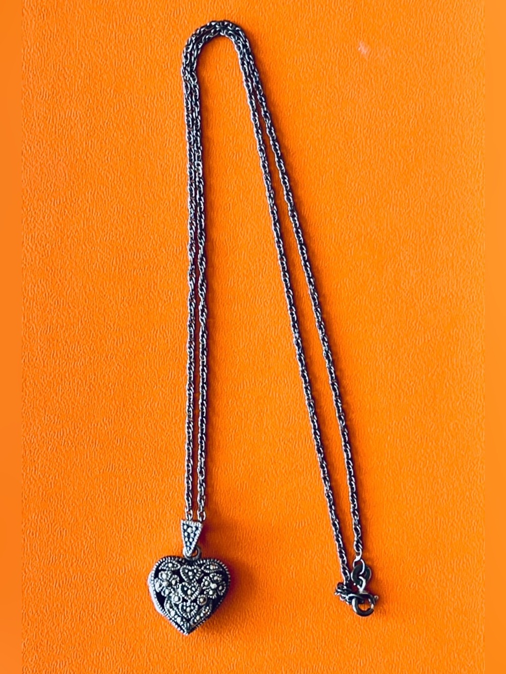 Vintage 925 Sterling Silver Marcasite
Filigree Heart Locket Necklace